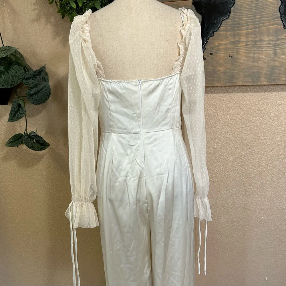 NWOT Lulus Gracefully Modern Ivory Satin Mesh Long Sleeve Bustier Jumpsuit